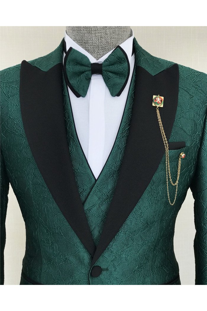 Aidan Dark Green 3-Pieces Jacquad Peaked Collar Men Suit