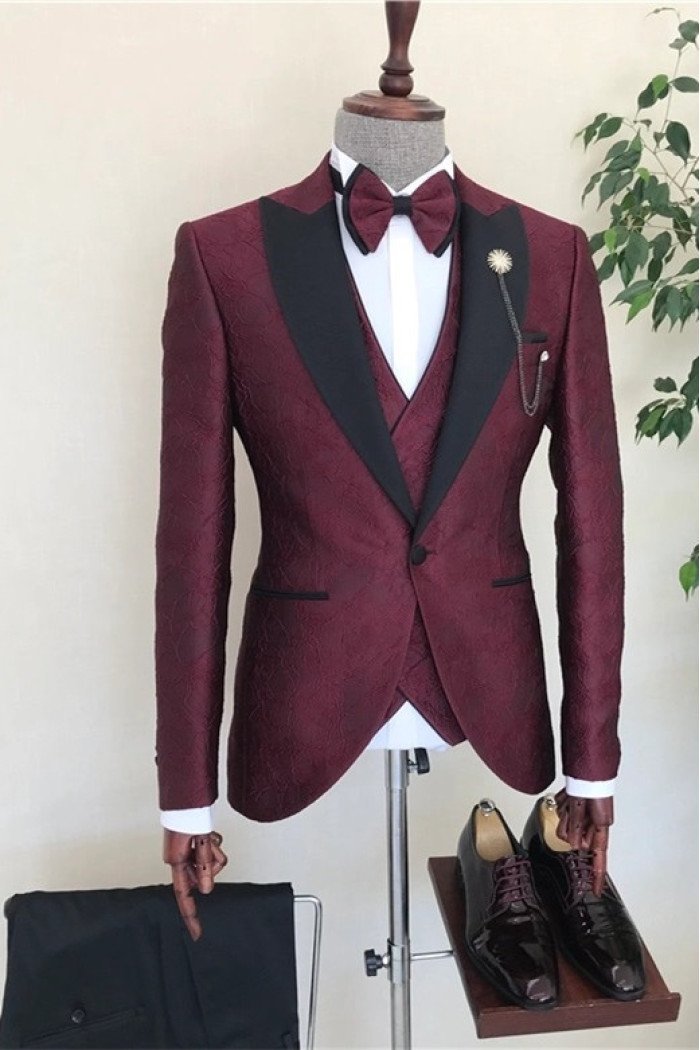 Burgundy 3-Pieces Jacquard Peaked Collar Men Suits for Wedding