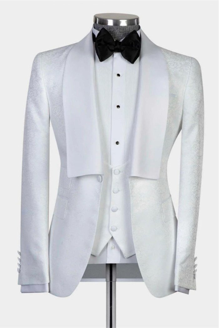 Feiix Stylish White Shawl Lapel 3-Pieces Jacquard Men Suits For Wedding