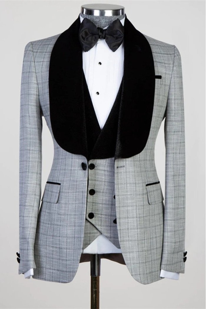 Eric Bespoke Gray Plaid 3-Pieces Men Suits for Wedding