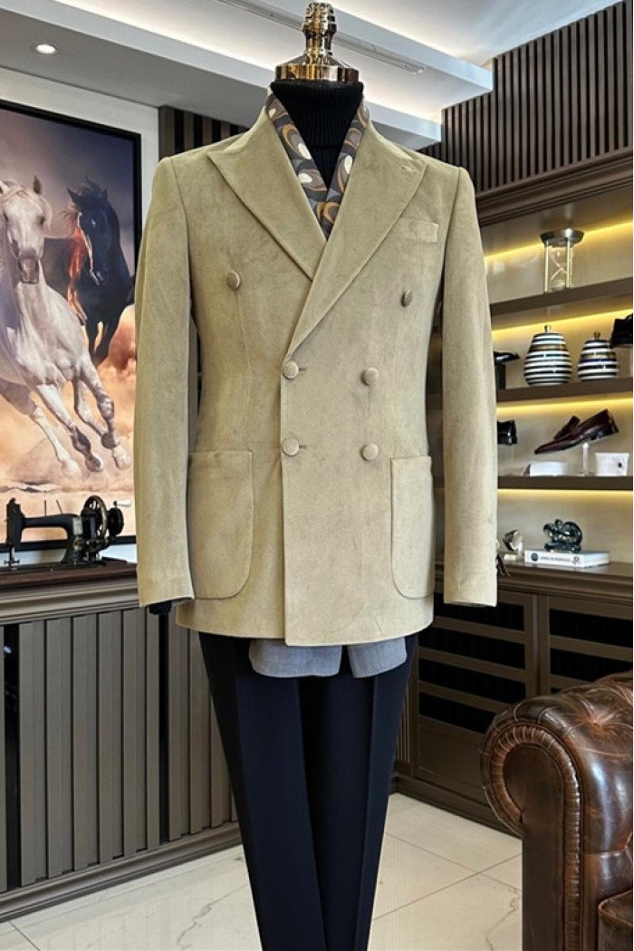 Derrick Bespoke Beige Peaked Lapel Double Breasted Velvet Prom Suits