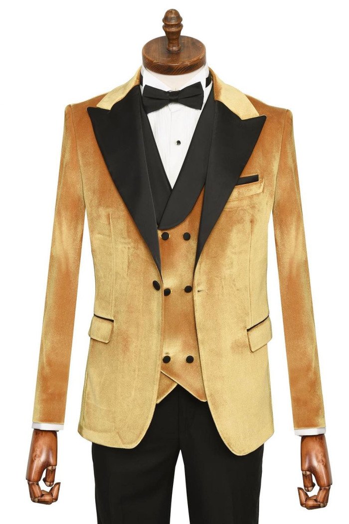Dwight Gorgeous Gold Peaked Lapel Three Pieces Velvet Prom Suits