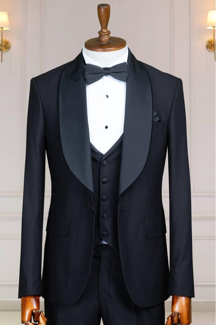 Dylan Handsome Black Shawl Lapel Three Pieces Wedding Suits