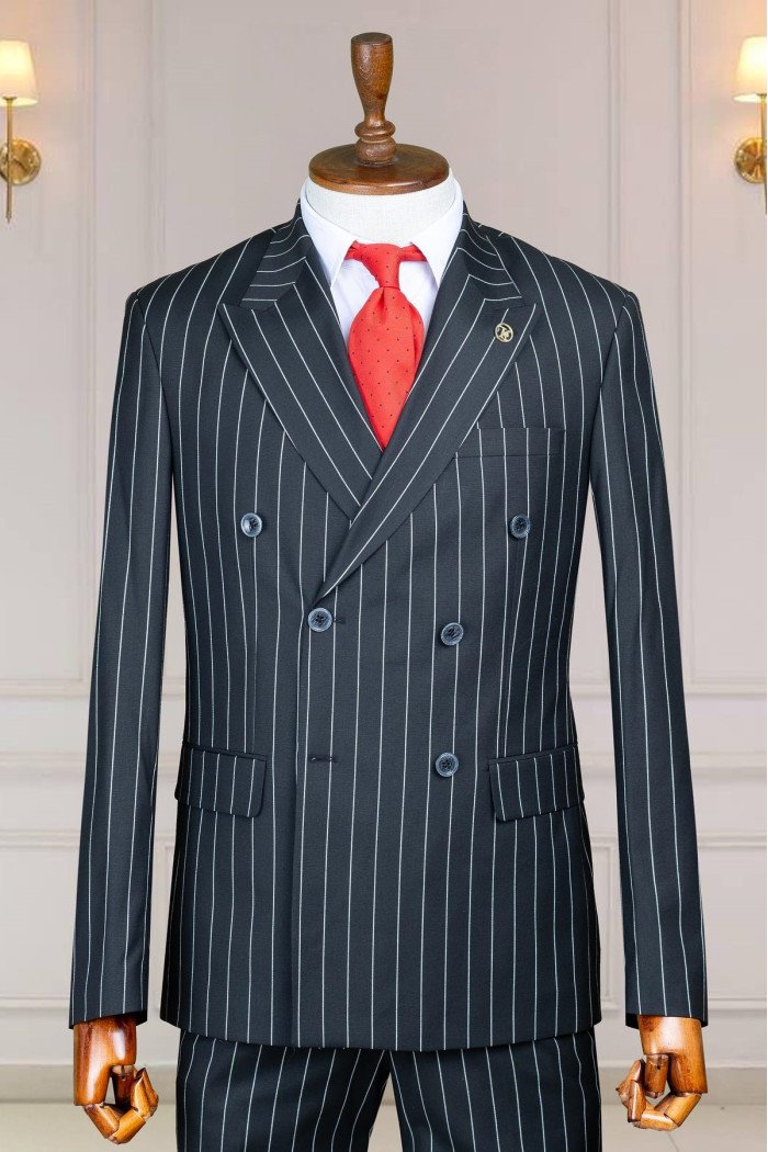 Eden Newest Dark Gray Peaked Lapel Double Breasted Striped Business Suits