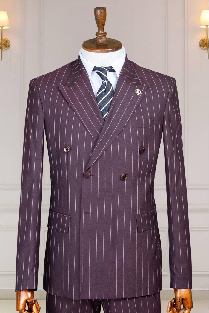 Edgar New Arrival Grape Peaked Lapel Double Breasted Striped Prom Suits
