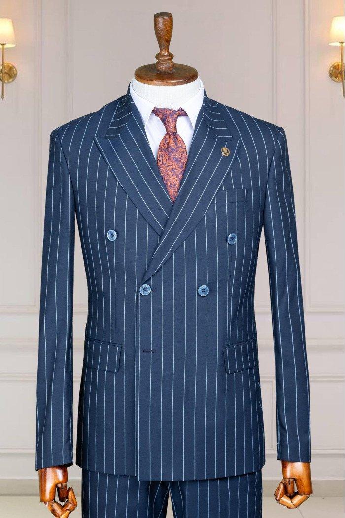 Edison Stylish Dark Navy Peaked Lapel Double Breasted Striped Business Suits