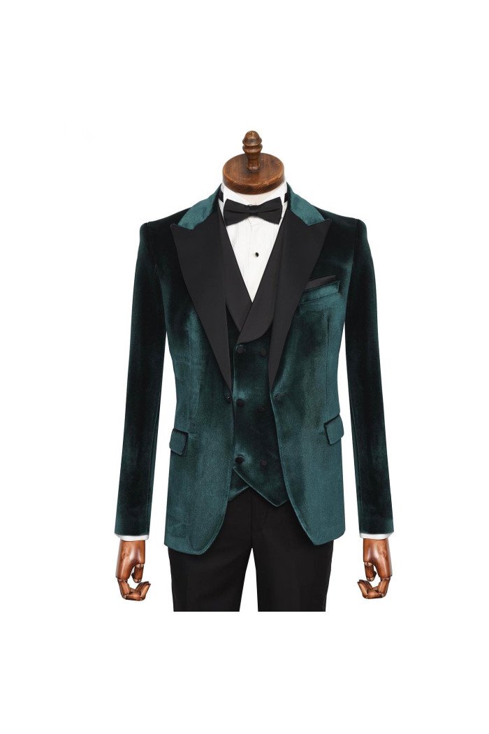 Edson Bespoke Dark Green Peaked Lapel Three Pieces Velvet Prom Suits