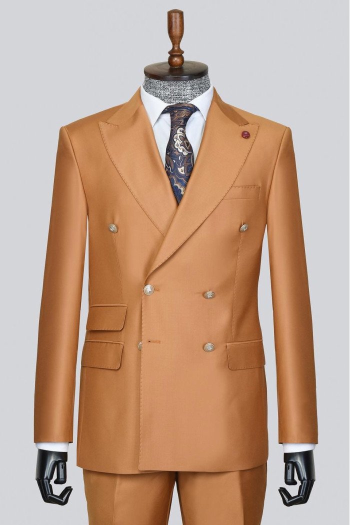 Elliot Fashion Camel Peaked Lapel Double Breasted Prom Suits