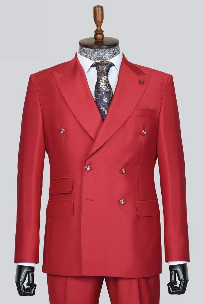 Ellis Generous Red Peaked Lapel Double Breasted Prom Suits