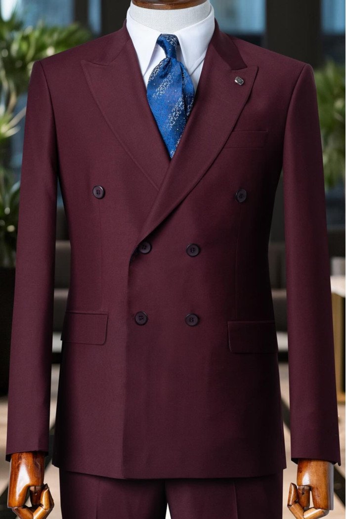 Ford Fancy Burgundy Peaked Lapel Double Breasted Prom Suits