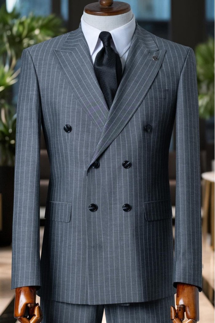 Freddie Elegant Gray Striped Peaked Lapel Double Breasted Business Suits