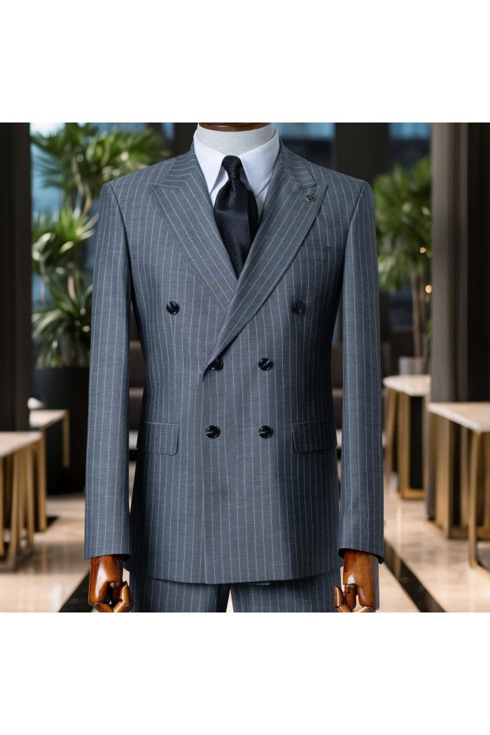 Freddie Elegant Gray Striped Peaked Lapel Double Breasted Business Suits