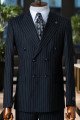 Frederick Generous Black Striped Peaked Lapel Double Breasted Business Suits
