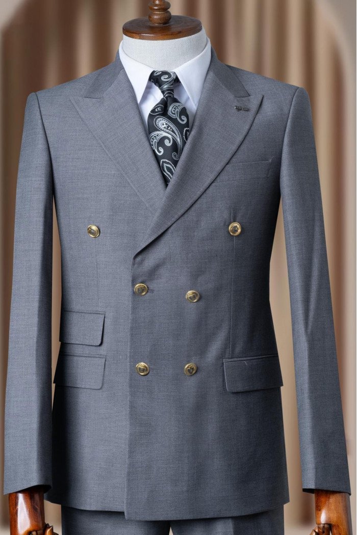 Garrett Mind Gray Peaked Lapel Double Breasted Business Suits