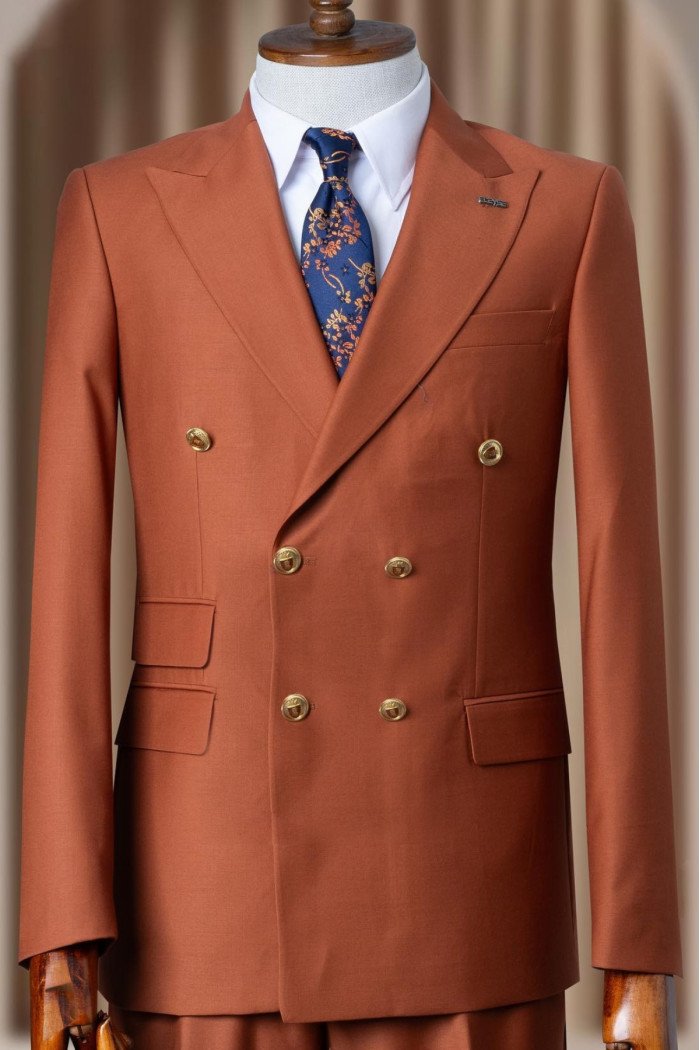 Gary Modern Caramel Peaked Lapel Double Breasted Prom Suits