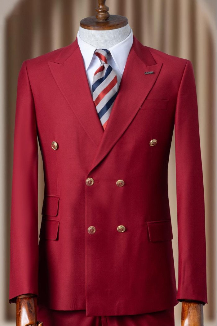 Gene New Arrival Red Peaked Lapel Double Breasted Prom Suits