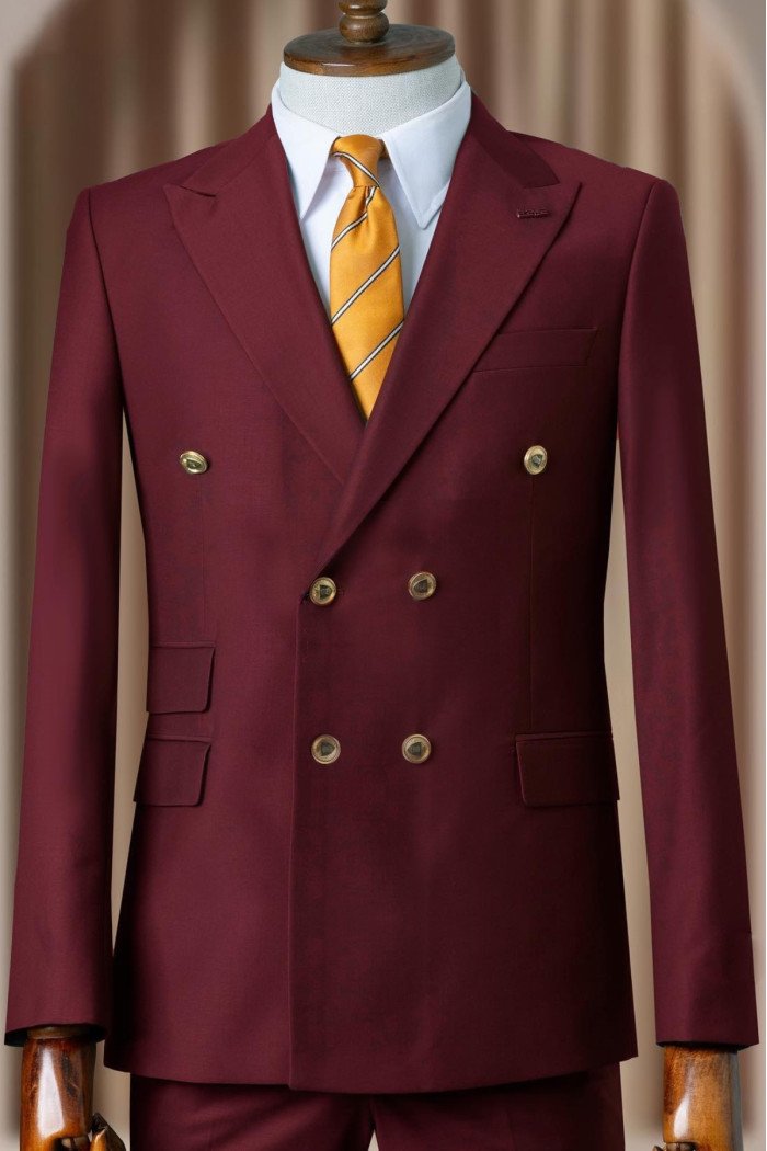 Geoffrey Wonderful Burgundy Peaked Lapel Double Breasted Prom Suits