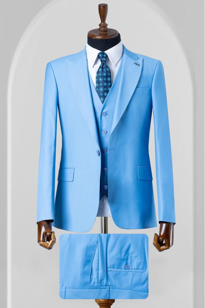 George Bespoke Sky Blue Peaked Lapel Three Pieces Prom Suits