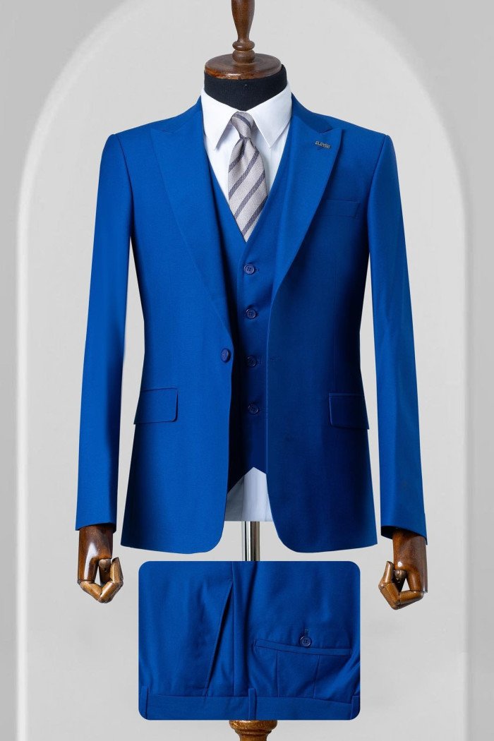 Goddard Elegant Royal Blue Peaked Lapel Three Pieces Prom Suits