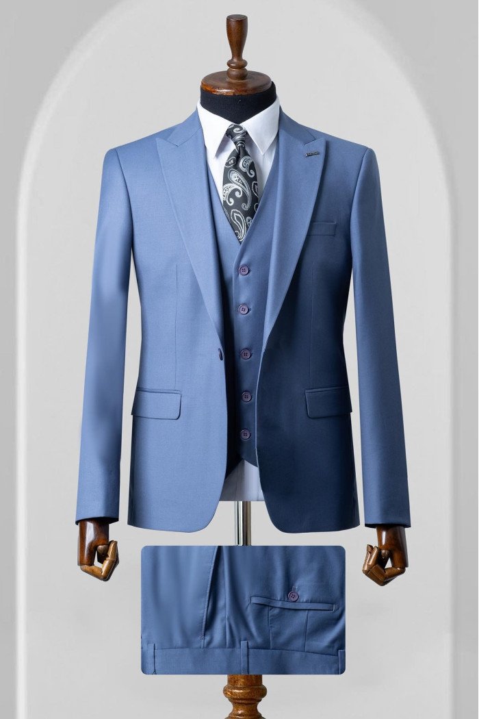 Hubery Mind Blue Peaked Lapel Three Pieces Prom Suits