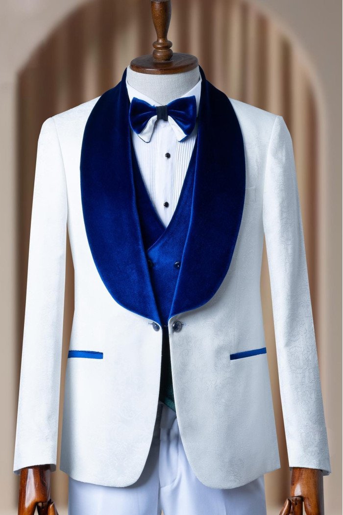 Hunter Chic Dark Blue Shawl Lapel Three Pieces Jacquard Wedding Suits