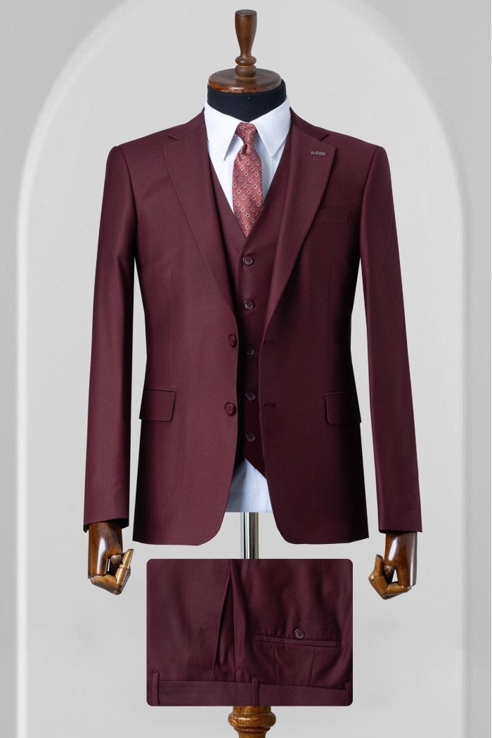 Jackson Newest Burgundy Notched Lapel Three Pieces Prom Suits
