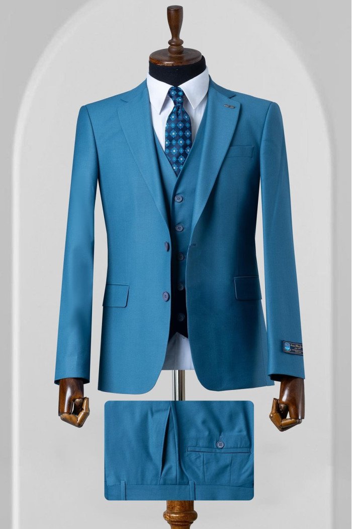 Jacky New Arrival Ocean Blue Notched Lapel Three Pieces Prom Suits
