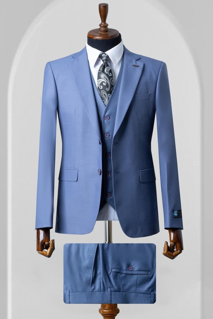 James Bespoke Blue Notched Lapel Three Pieces Prom Suits