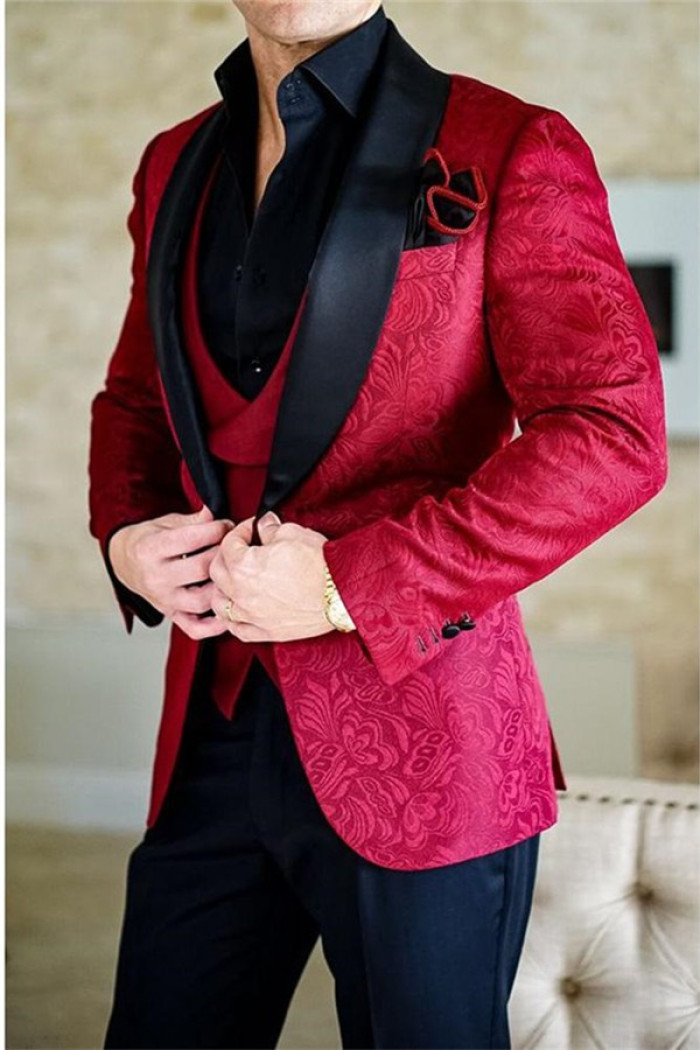 Red Three Pieces Jacquard Wedding Suits with Black Lapel