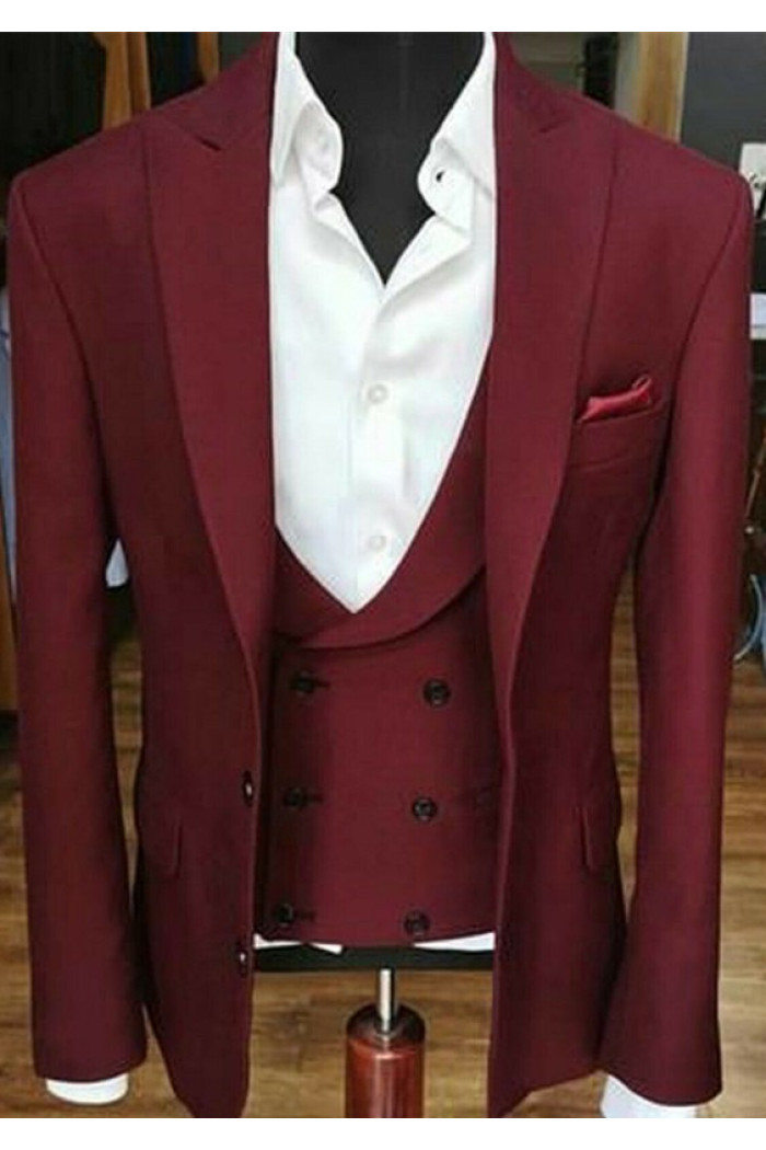 Ruby Peak Lapel Three Pieces Wedding Suit | Bespoke Prom Suits