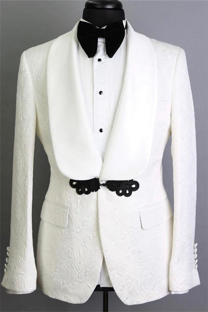 White Shawl Lapel Jacquard Groom Suits | Vaughn Slim Fit Tuxedos for Wedding