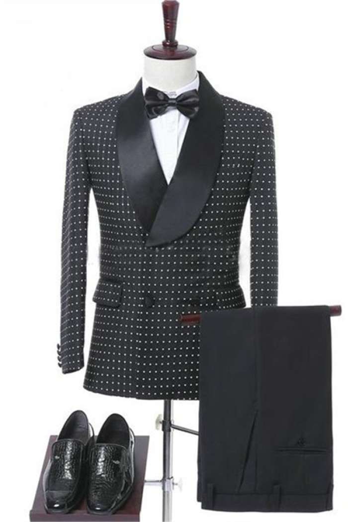 Black Double Breasted Slim Fit Dot Wedding Groom Suit