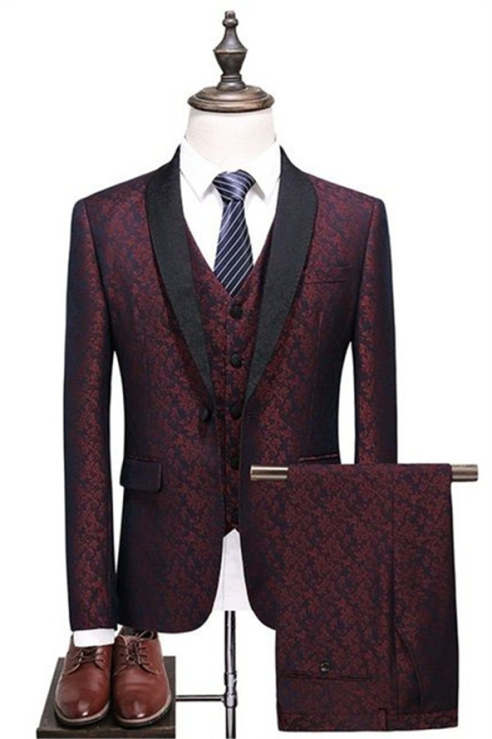 Fashion Burgundy Check Design Wedding Suits | Three Pieces One Button Men Suits