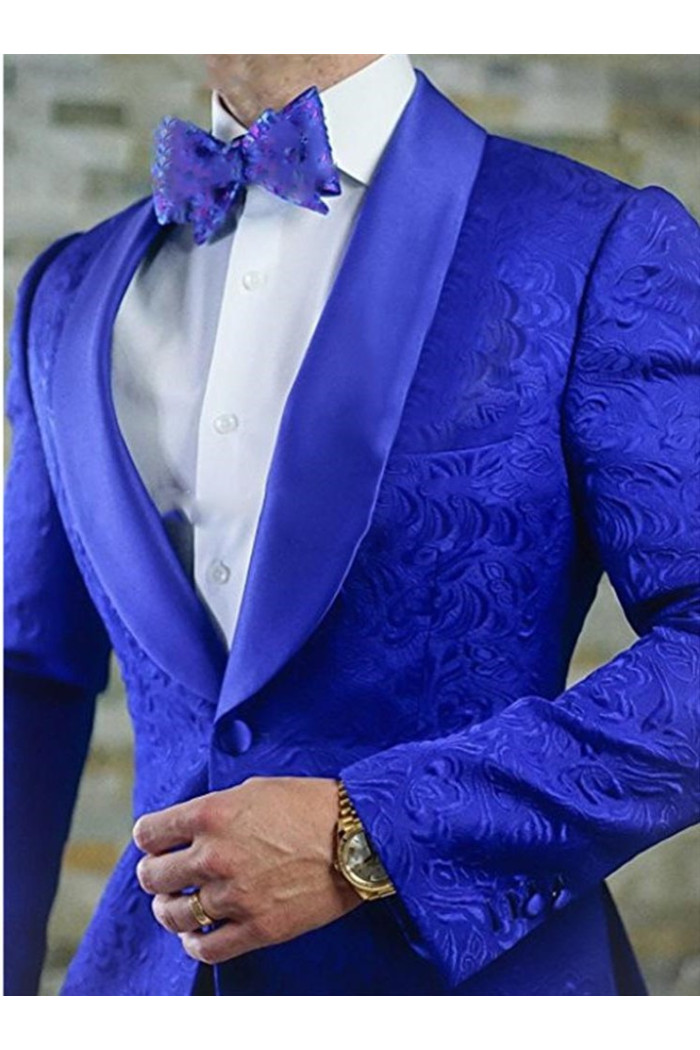 Royal Blue Shawl Lapel Wedding Tuxedos | Jacquard Men Suits for Grooms