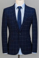 Navy Blue 3 Pieces Plaid Mens Suits | Slim Fit Notched Lapel Business Suits
