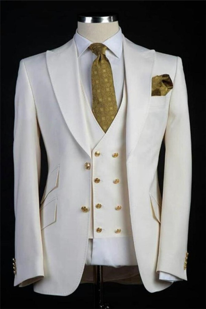 White Wedding Groom 3 Pieces Peaked Lapel Men Suits with Gold Buttons