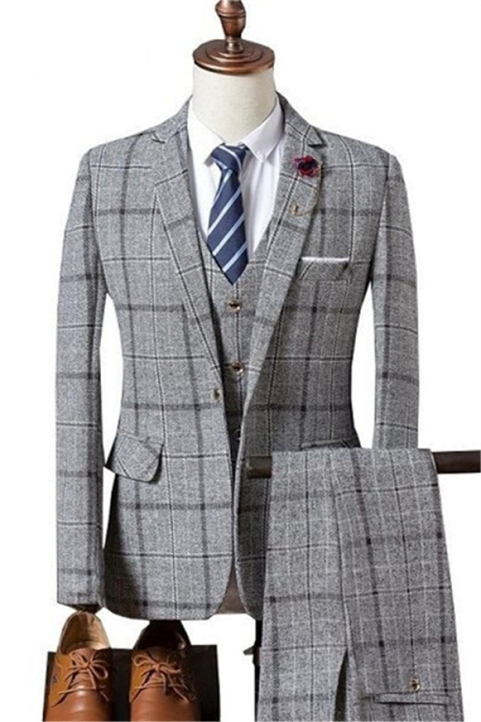 Formal Plaid Business Slim Fit Men Suits with 3 Pieces