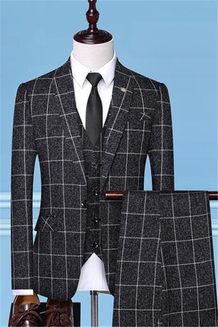 Fashion Black Plaid Business Men Suits Online | Notched Laple Three Pieces Bespoke Formal Suits