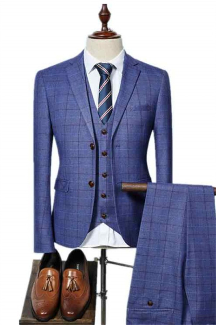 Three Pieces Bespoke Men Suits | Ocean Blue Plaid Business Suits