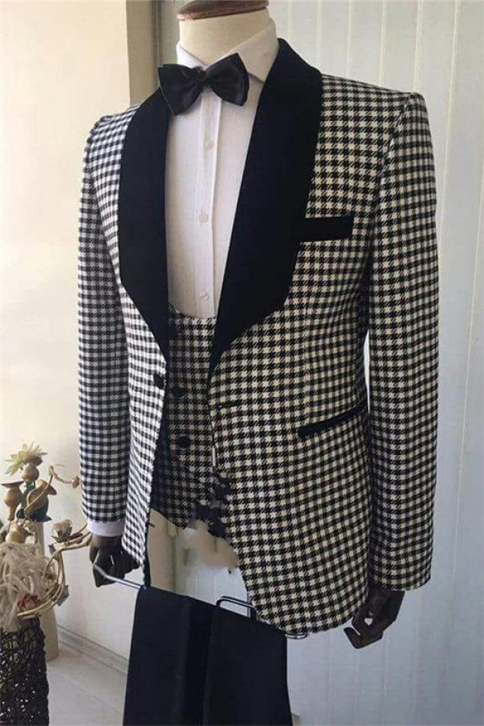 Ross Black Shawl Lapel Houndstooth Three Pieces Wedding Suits for Men