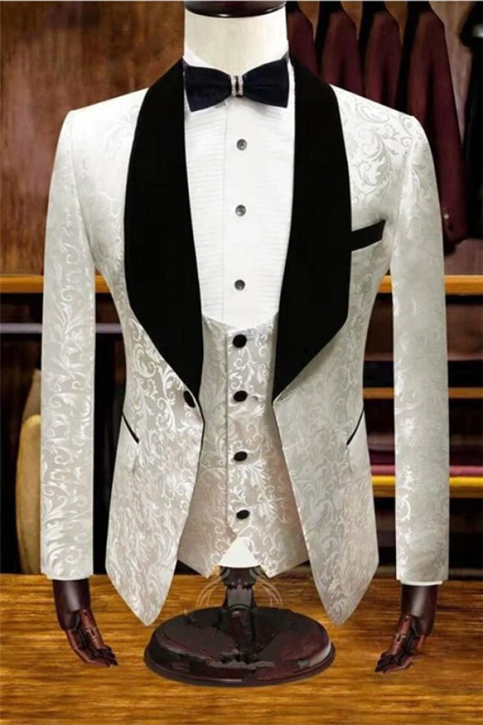 White Jacquard Shawl Lapel Wedding Tuxedos |  Men Suits for Groom 3 Pieces