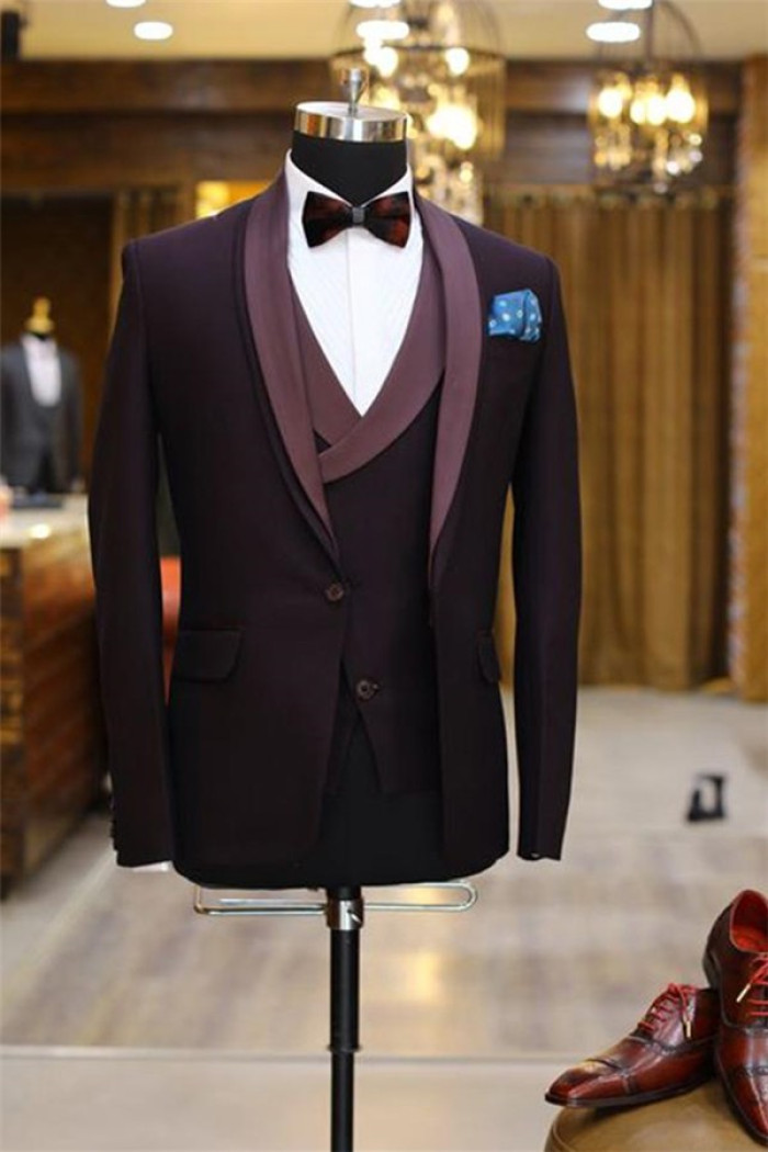 Fashion Purple Slim Fit Three Pieces Shawl Lapel Wedding Tuxedo