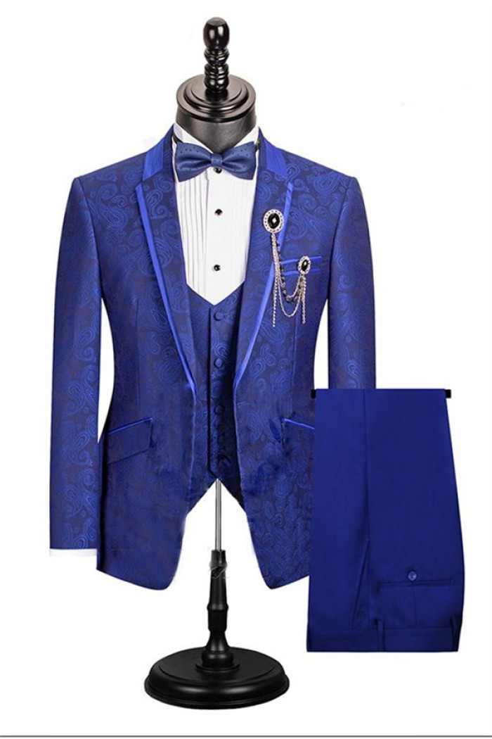 Fashion Royal Blue Paisley Pattern Dinner Prom Suits with 3 Pieces