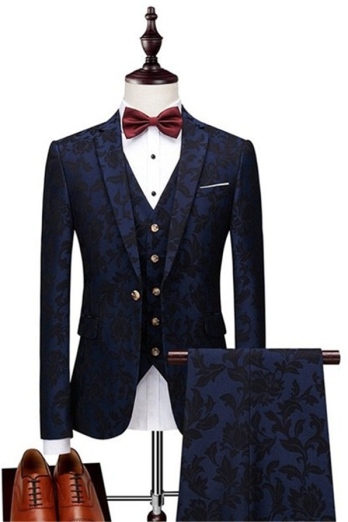 Navy Blue Jacquard Prom Men Suits | Cael Classic Tuxedo with Three Pieces