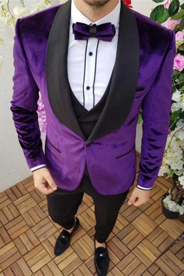 Formal Party Dress Outfit Men's Wear | Purple Black Shawl Lapel Velvet Suits