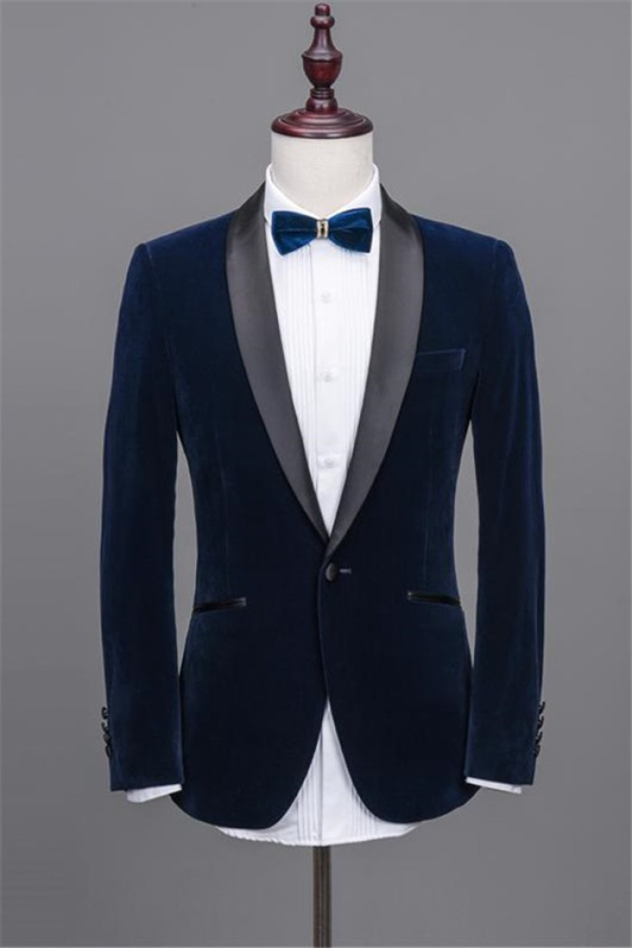 Cullen Navy Blue Shawl Lapel Velvet Wedding Suits with 2 Pieces