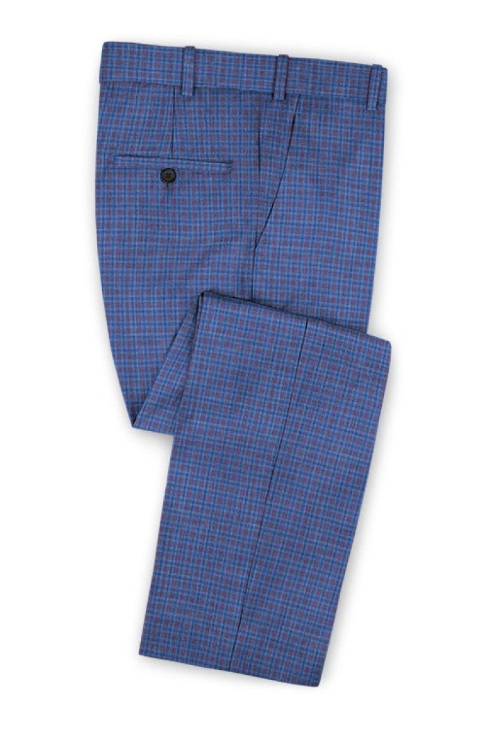 Brooks Fashion Skinny Blue Plaid Notched Lapel Tuxedo Men Suits