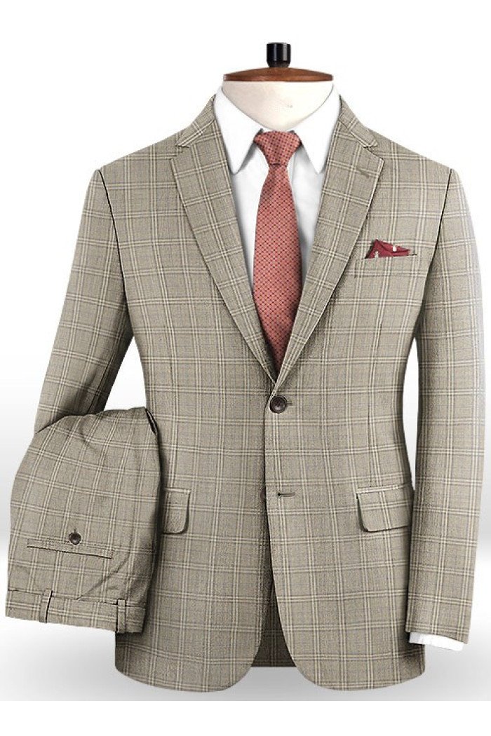 Kolby Khaki Checked Two Pieces Slim Fit Men Suits