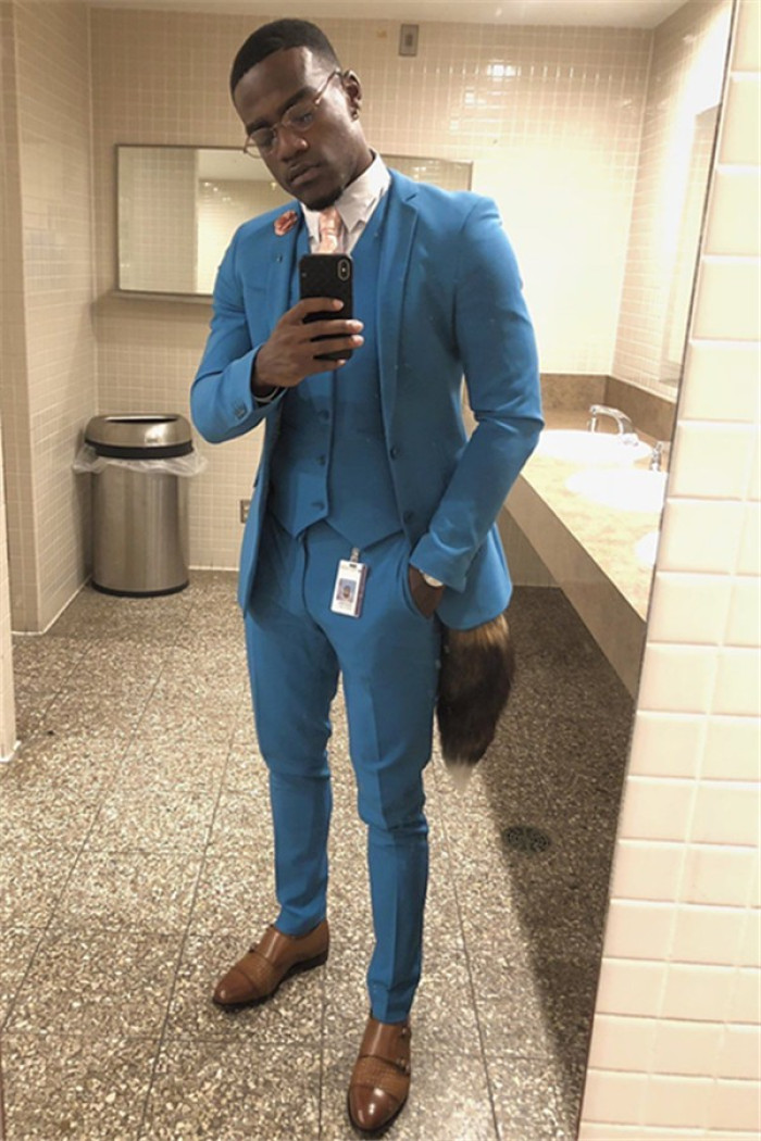 Ocean Blue Three-Piece Close Fitting Notch Lapel Men Suit for Prom