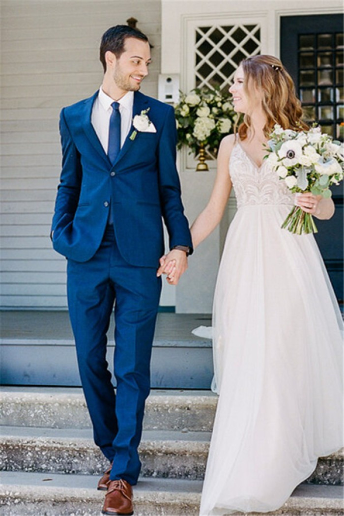 Stylish Royal Blue Notched Lapel Wedding Groom Men Suit